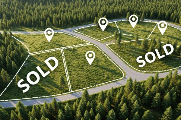 Aerial view of land plots marked as sold in a green wooded area