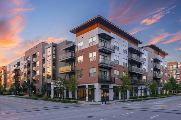 Modern apartment complex on a city corner at sunset