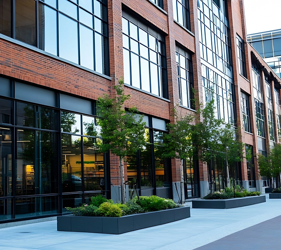 Modern brick office building with large windows and planters along the walkway