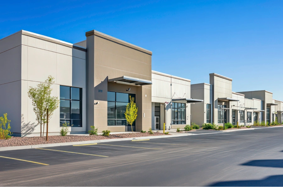 Modern commercial building strip with clean lines and a clear blue sky