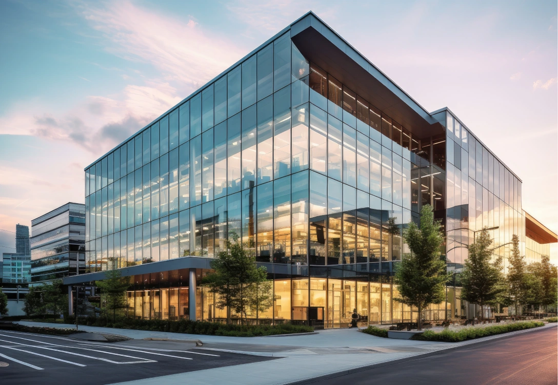 Modern glass office building at sunrise