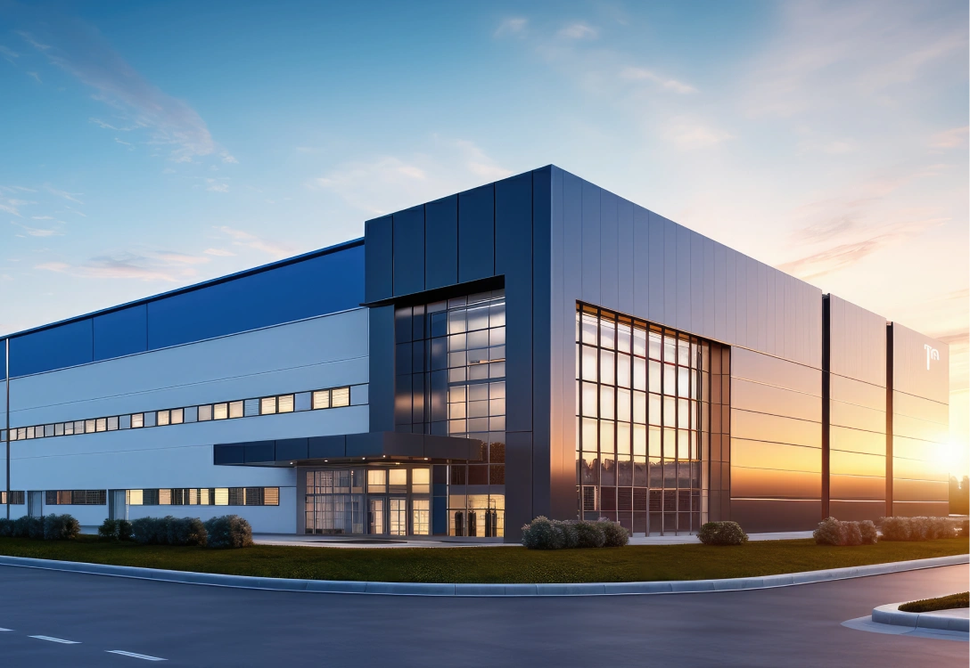 Modern industrial or warehouse building at sunset