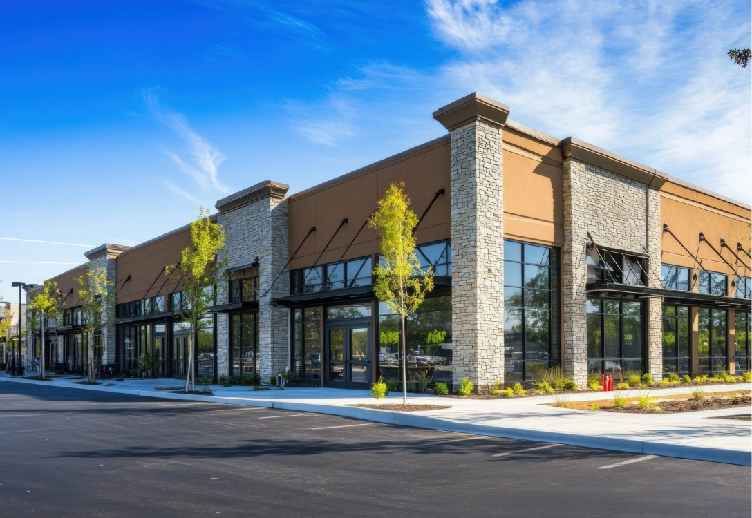 Modern retail strip mall with large glass storefronts and young trees along the walkway