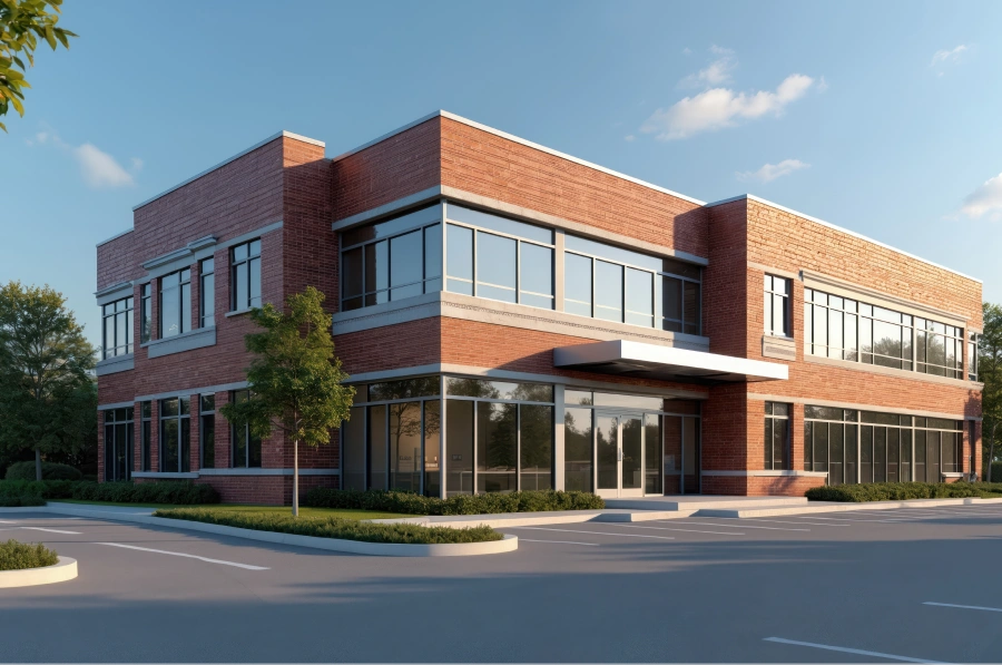 Modern two-story red brick commercial building with large glass windows