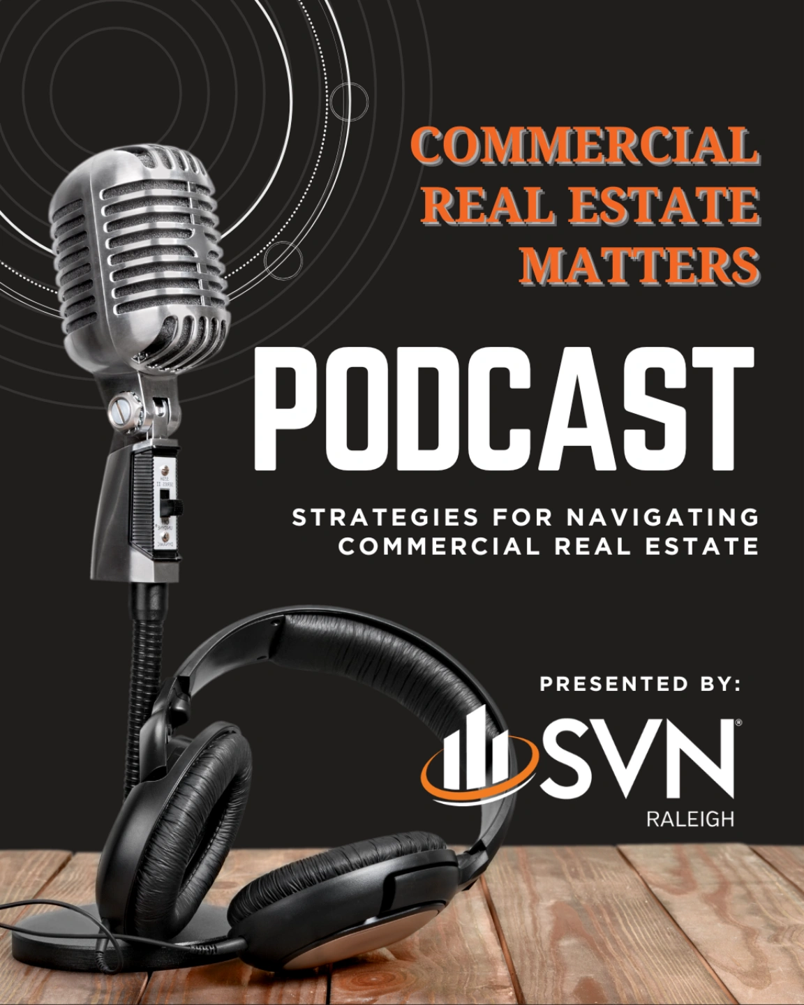 Podcast cover for Commercial Real Estate Matters by SVN Raleigh, featuring a mic and headphones.