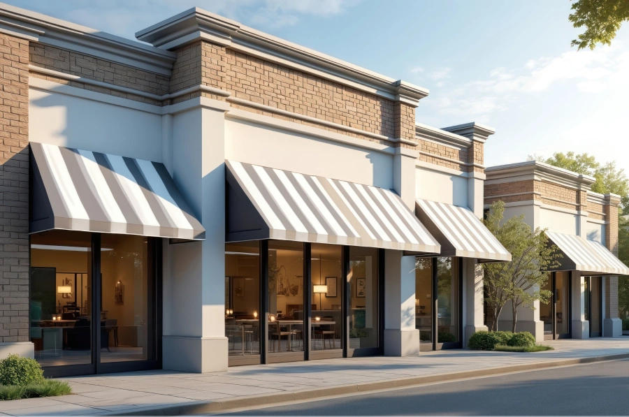 Small commercial storefronts with striped awnings and warm lighting