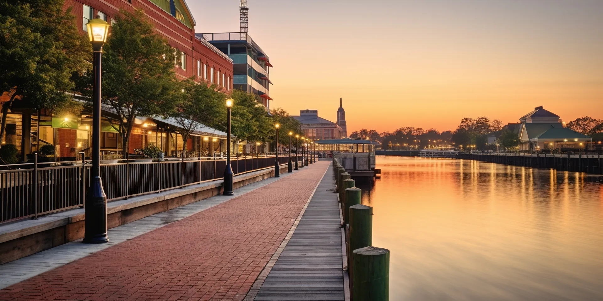 Wilmington NC riverwalk along the Cape Fear River at sunset